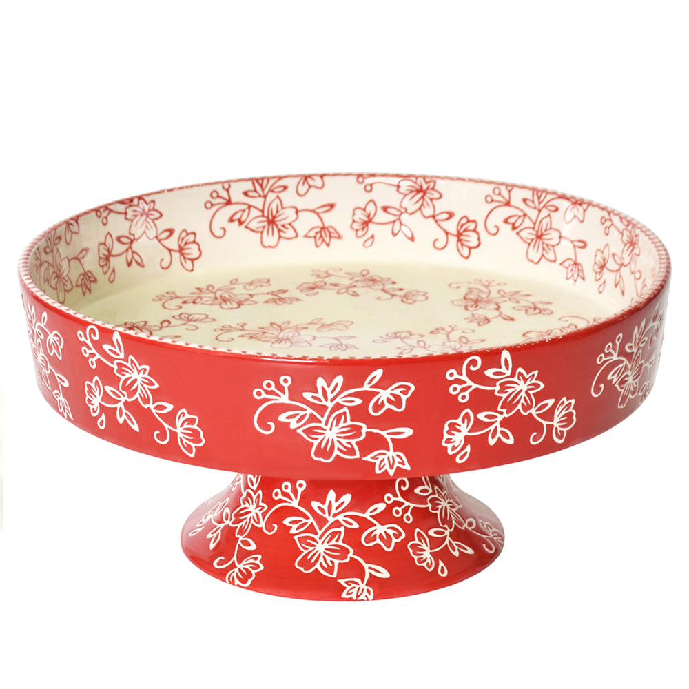 Deep Dish Cake Pedestal Stand-Floral Lace Red