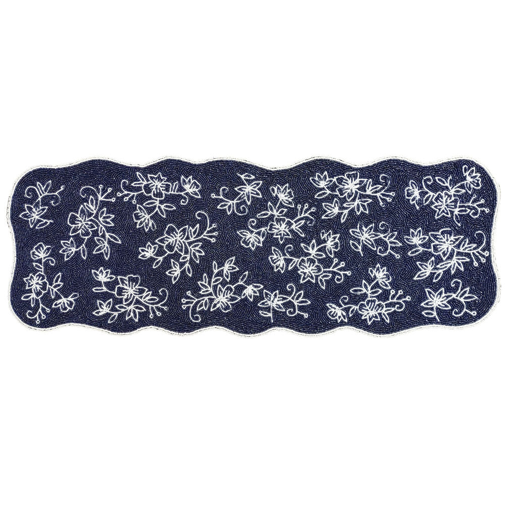Beaded Table Runner- Floral Lace Blue