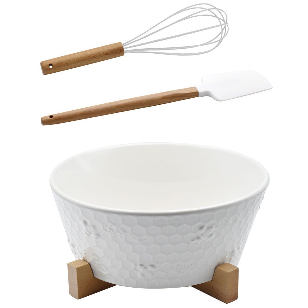 3 qt Ceramic Bowl with Trivet Set-Bee-lieve White