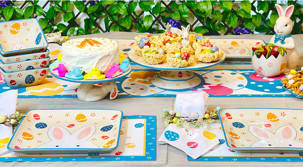 temp-tations Egghunt pattern dinnerware and serving pieces on a table