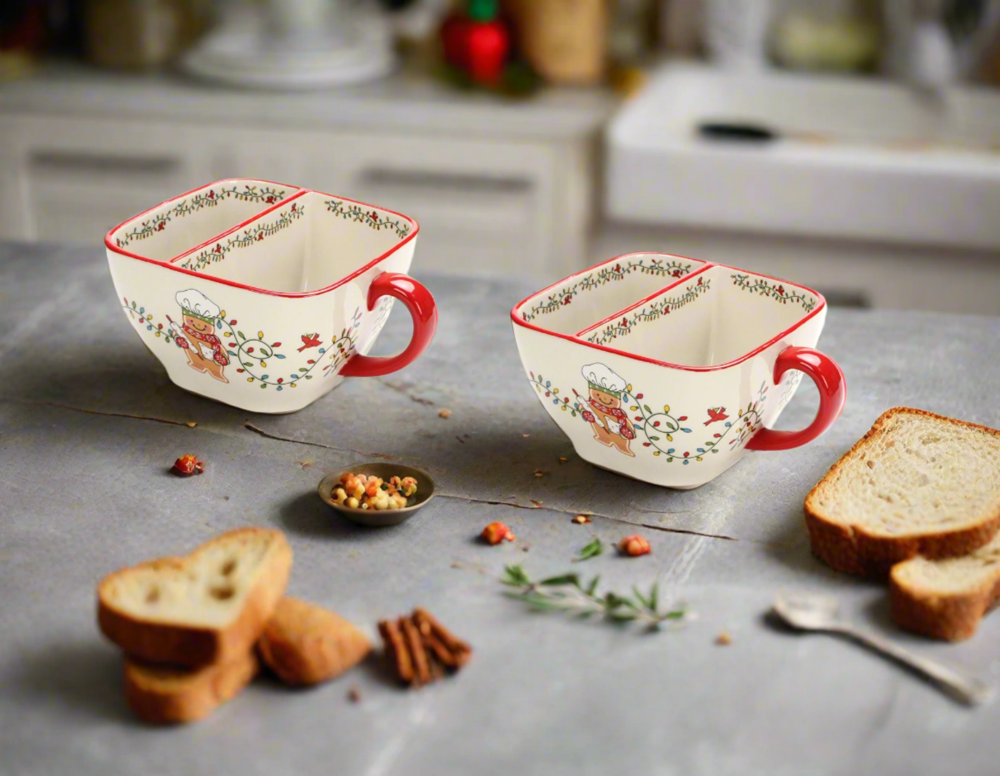Temp-tations Merry Chef Soup Mugs on kitchen counter with bread and herbs