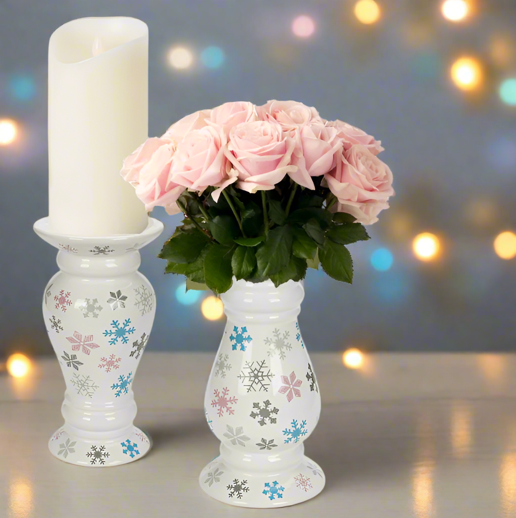 Temp-tations Snowflake Candle Holders / Vases with christmas decorations and flowers