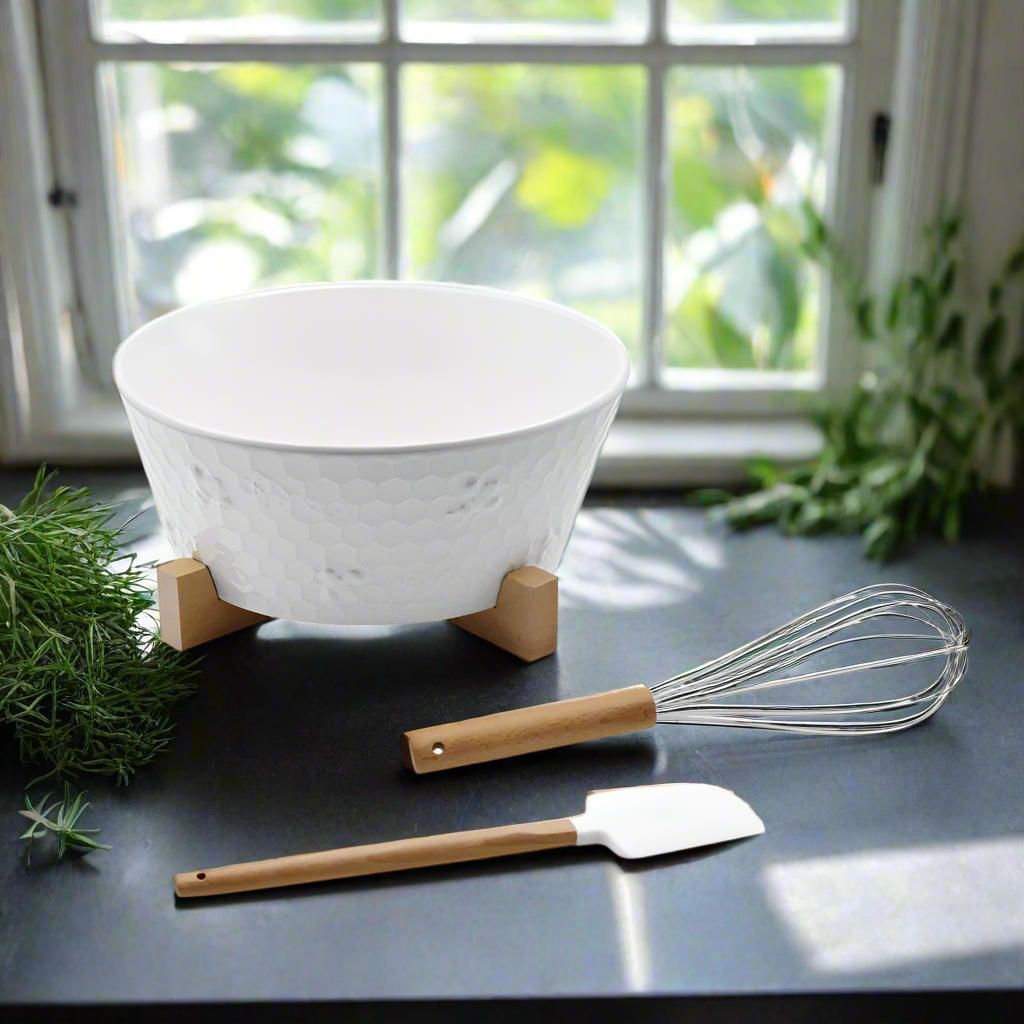 3 qt Ceramic Bowl with Trivet Set in Bee-lieve White on Kitchen Counter near a sunny window