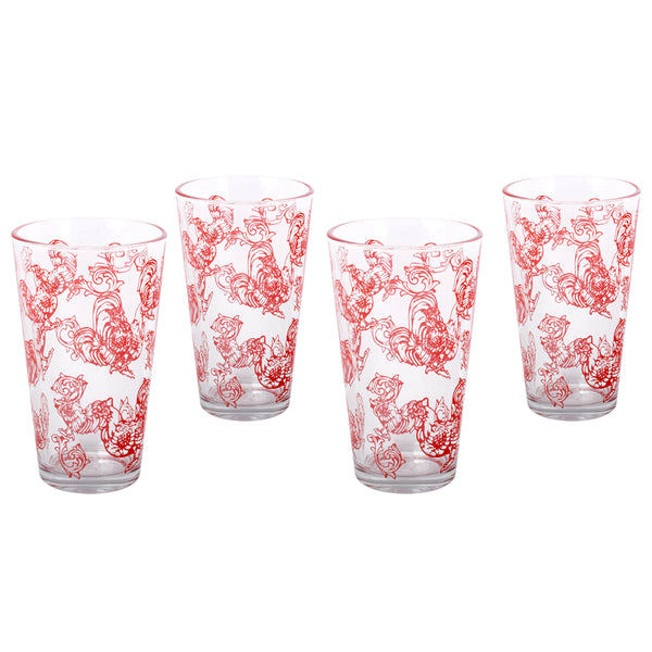 16 oz Glass Tumblers, Set of 4-Doodle Doo Red