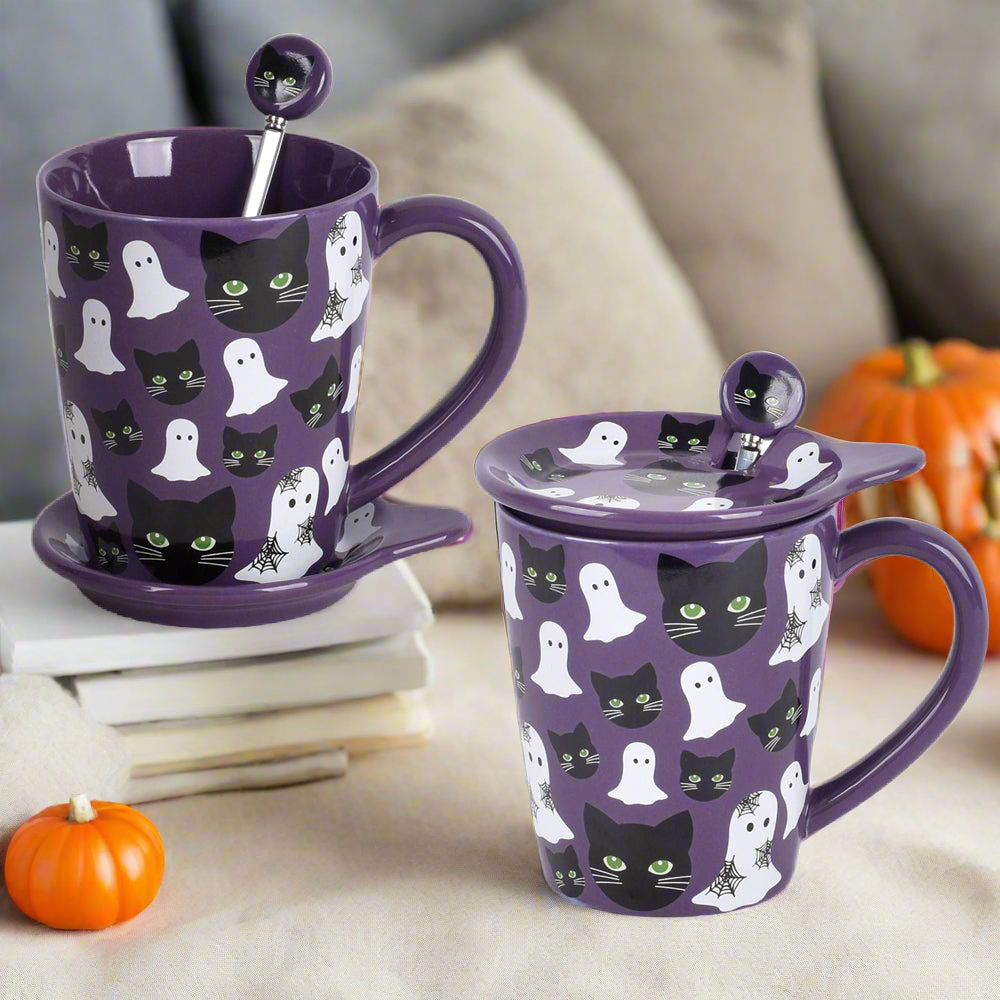Set of 2 Halloween Mugs in Ghost Cat pattern