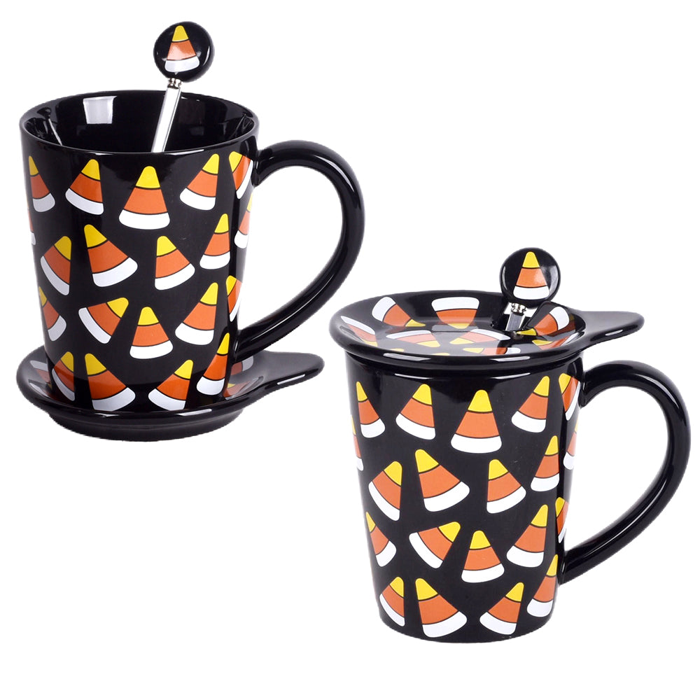 16 oz Mugs with Lids and Matching Spoons, Set of 2-Candy Corn