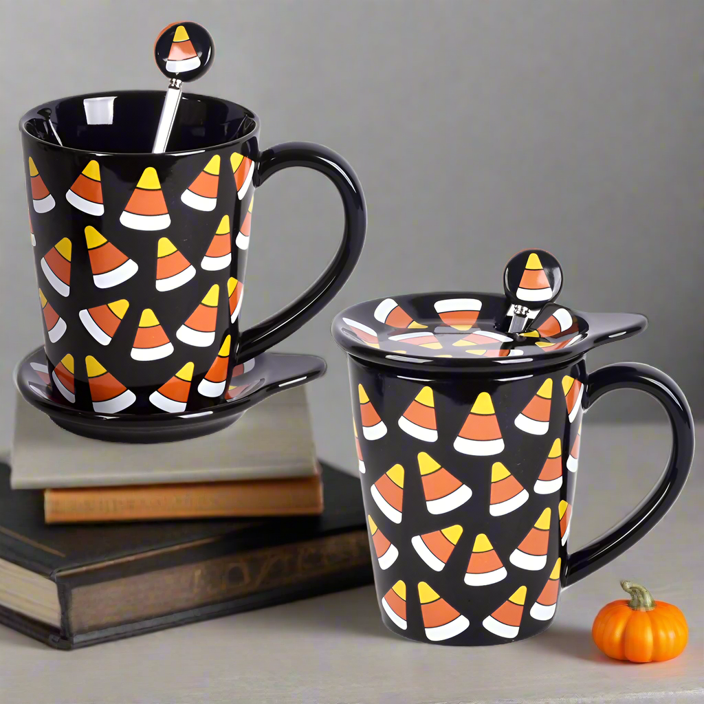 Temp-tations Candy Corn Mugs with spoons & Lid-Its set