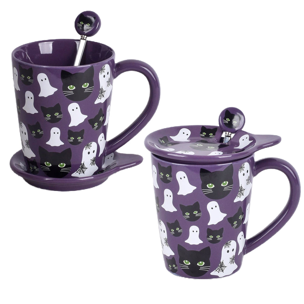 16 oz Mugs with Lids and Matching Spoons, Set of 2- Ghost Cat