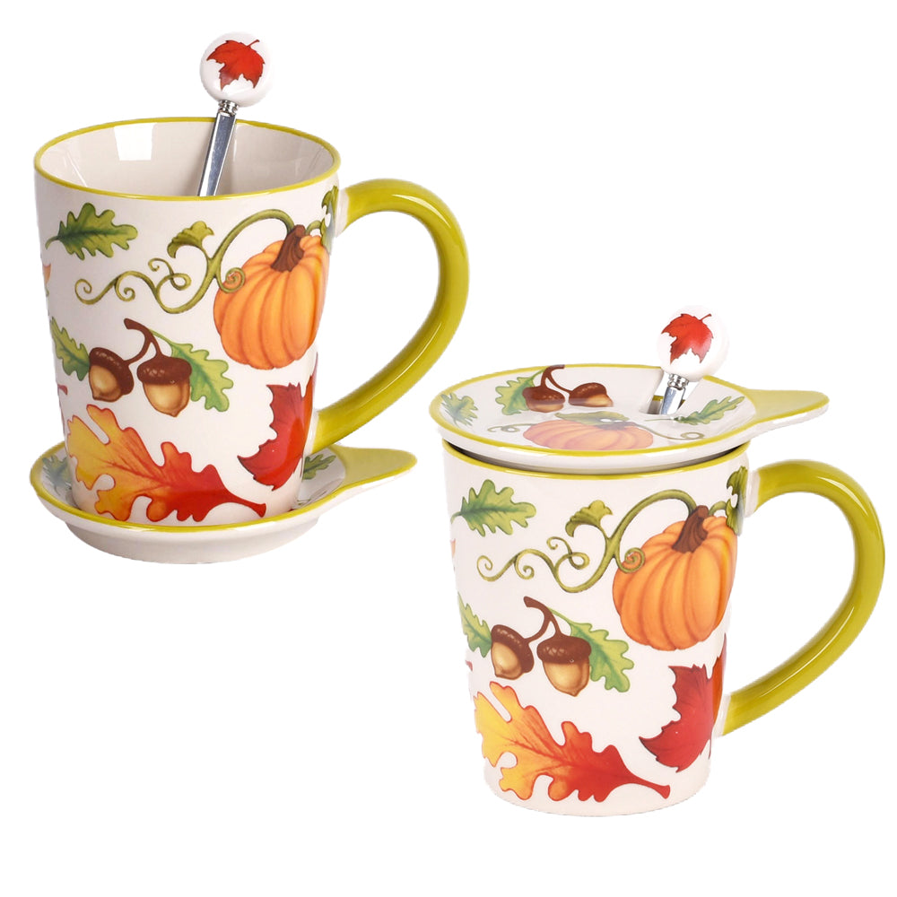 16 oz Mugs with Lids and Matching Spoons, Set of 2-Harvest Mix