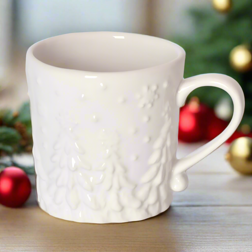 Frosty Forest White Mug in a room with Christmas decorations