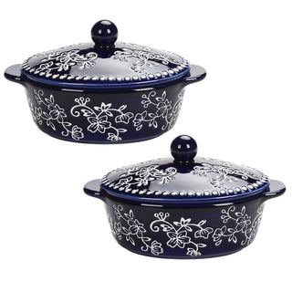 9 oz Baking Dishes with Lids, Set of 2-Floral Lace Blue