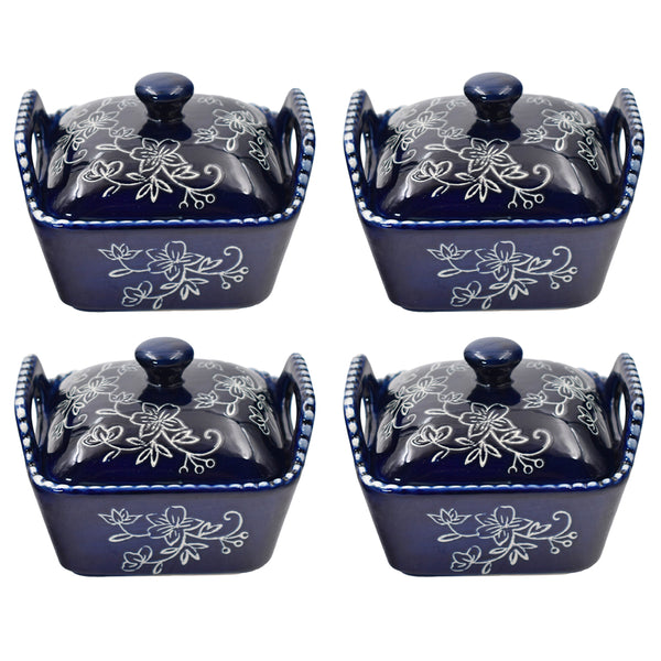 Set of 4 Ramekins with Dome Lids-Floral Lace Blue
