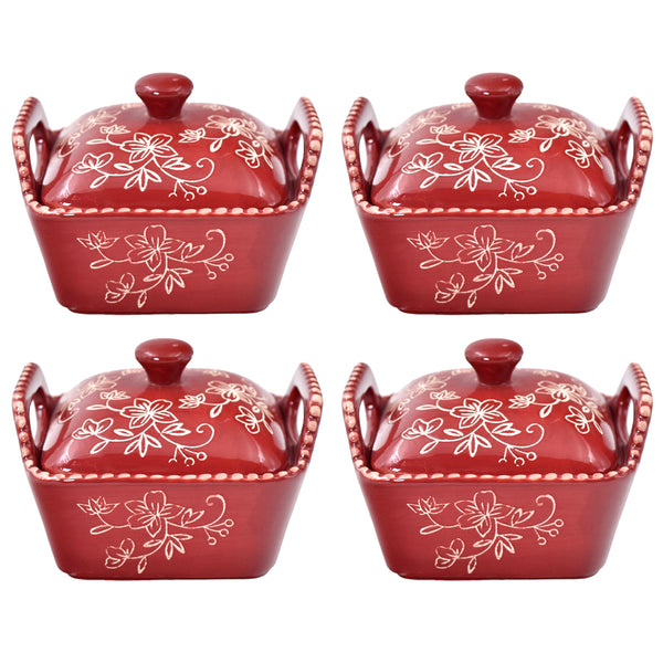 Set of 4 Ramekins with Dome Lids-Floral Lace Cranberry