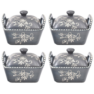 Set of 4 Ramekins with Dome Lids-Floral Lace Grey