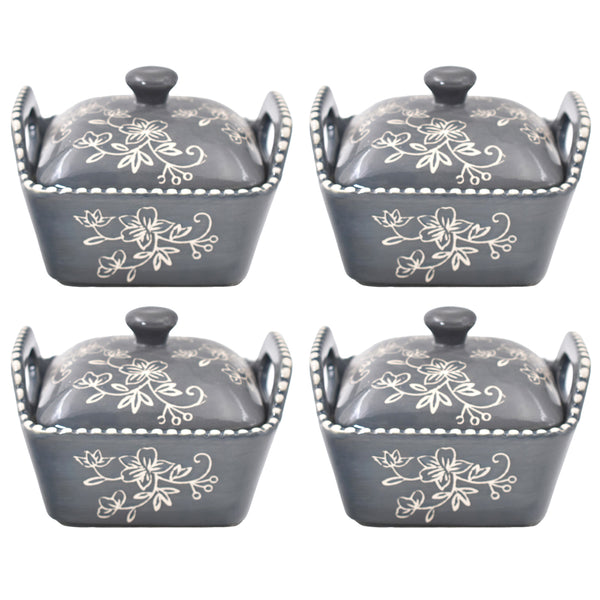 Set of 4 Ramekins with Dome Lids-Floral Lace Grey