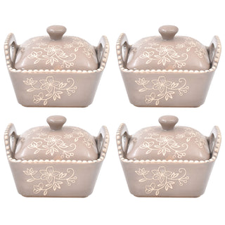 Set of 4 Ramekins with Dome Lids-Floral Lace Taupe