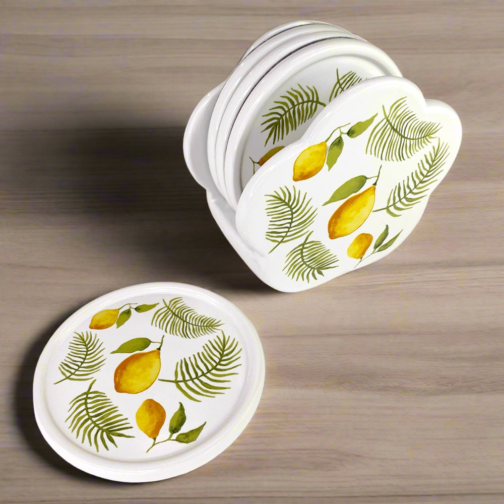 Temp-tations Ceramic Coasters Set with holder in Lemons & Palm
