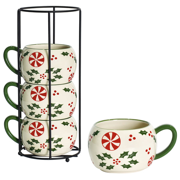 Stacking Christmas Mugs Set with Storage Rack-Holly Peppermint