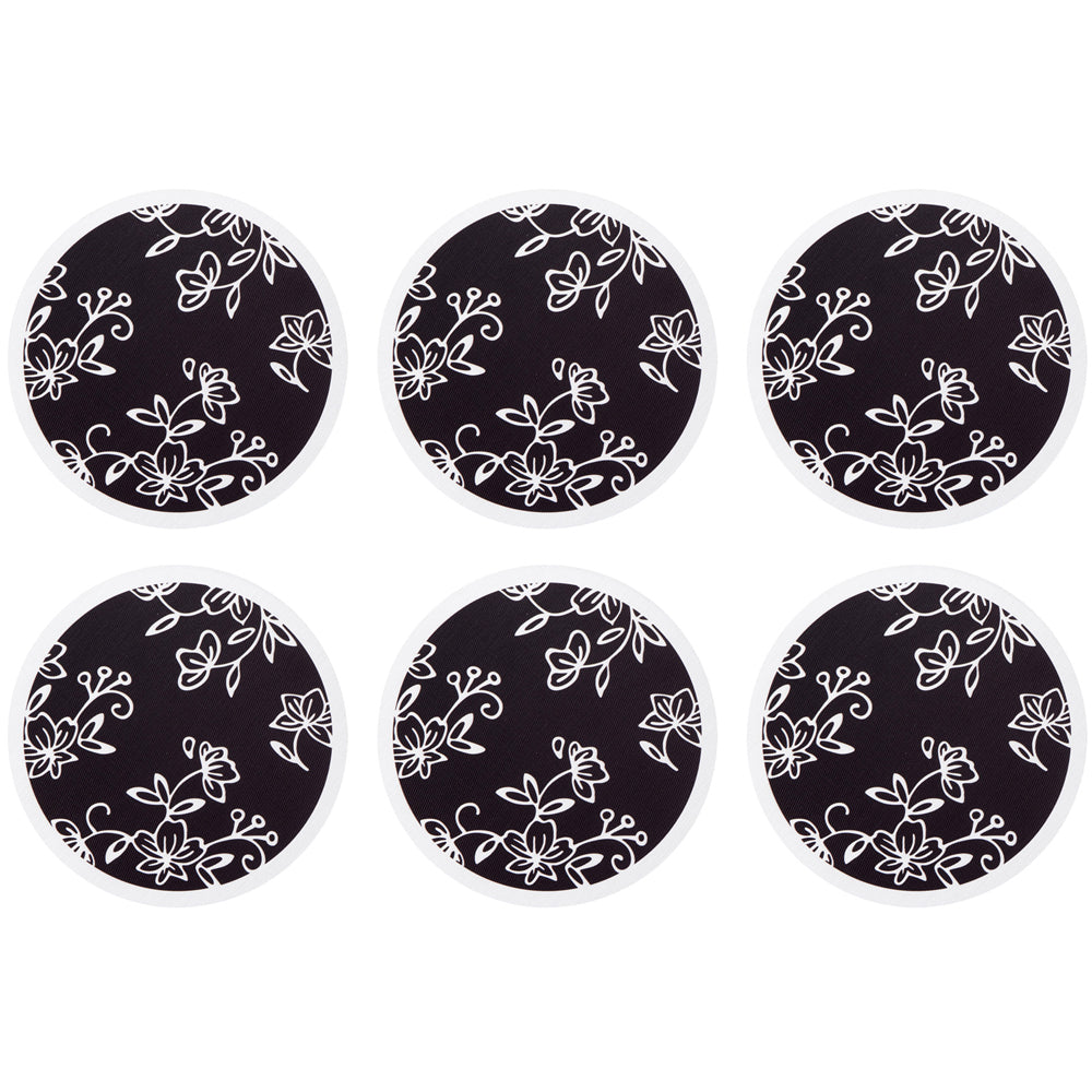 Round Washable Placemats, Set of 6-Floral Lace Black