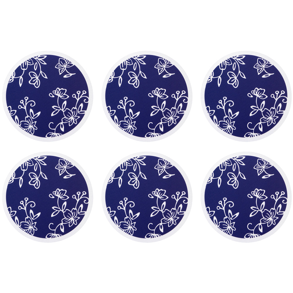 Round Washable Placemats, Set of 6-Floral Lace Blue