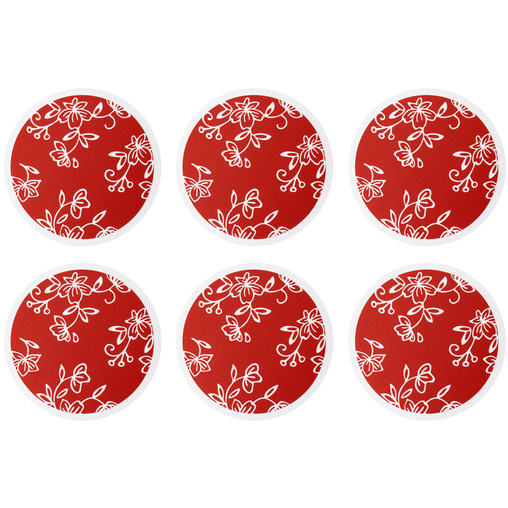 Round Washable Placemats, Set of 6-Floral Lace Red