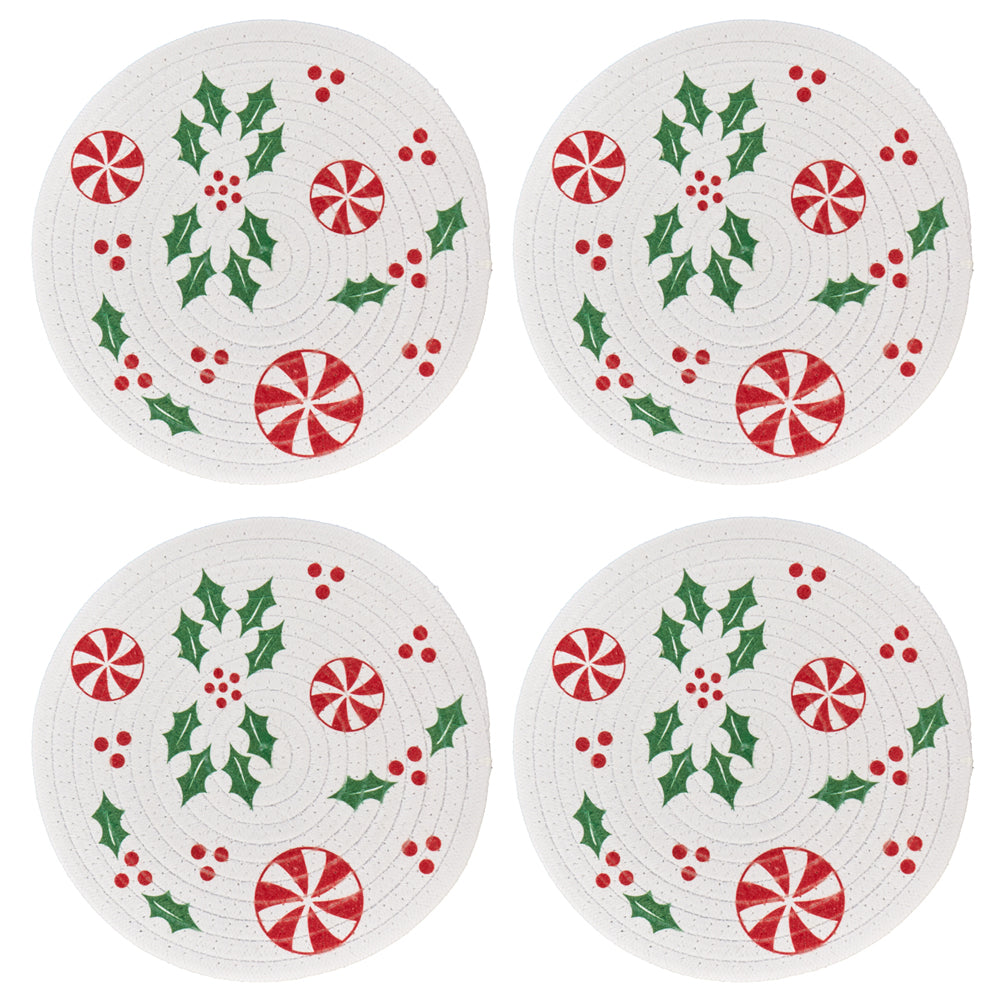 Seasonal Hot Pads Trivets, Set of 4-Holly Peppermint