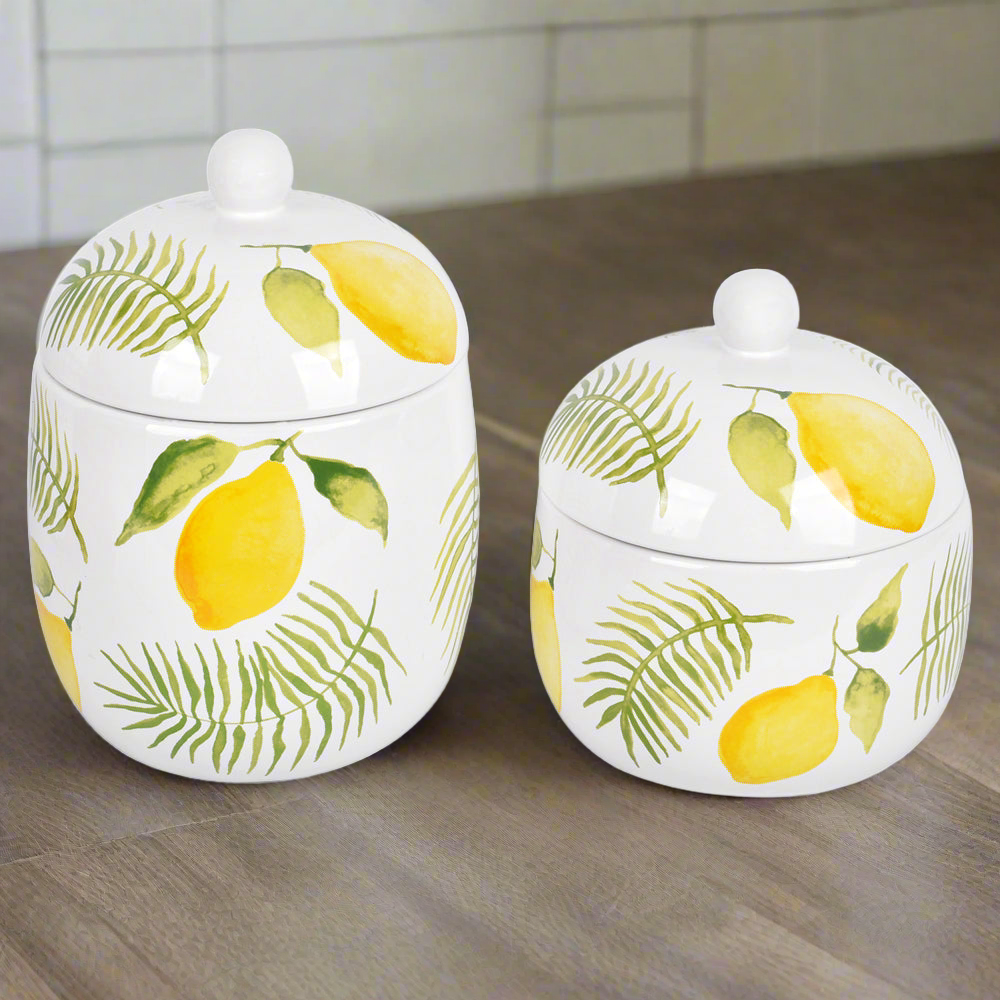 Lemons & Palm Storage Canisters in Lemons & Palm on a kitchen counter