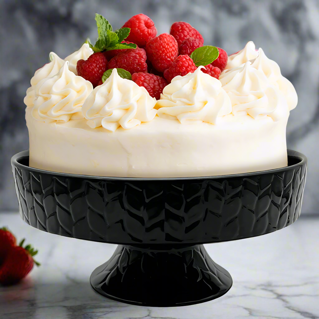 Temp-tations Carved Willow Black Cake Stand with Cake and berries