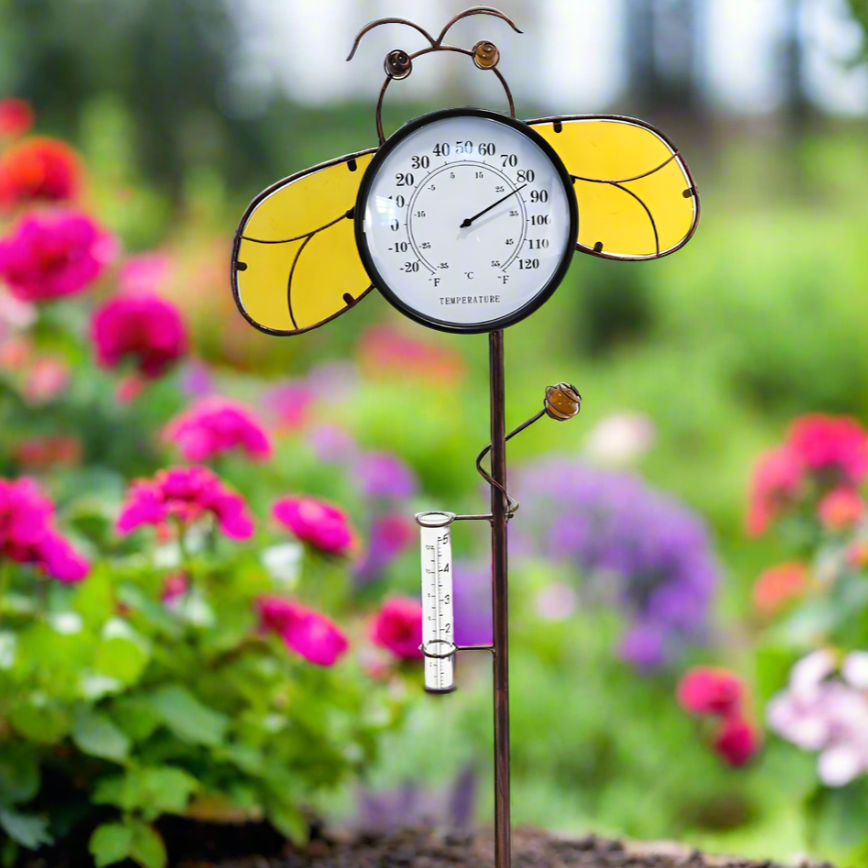 Temp-tations Bee Outdoor Thermometer with Rain Gauge in flower garden