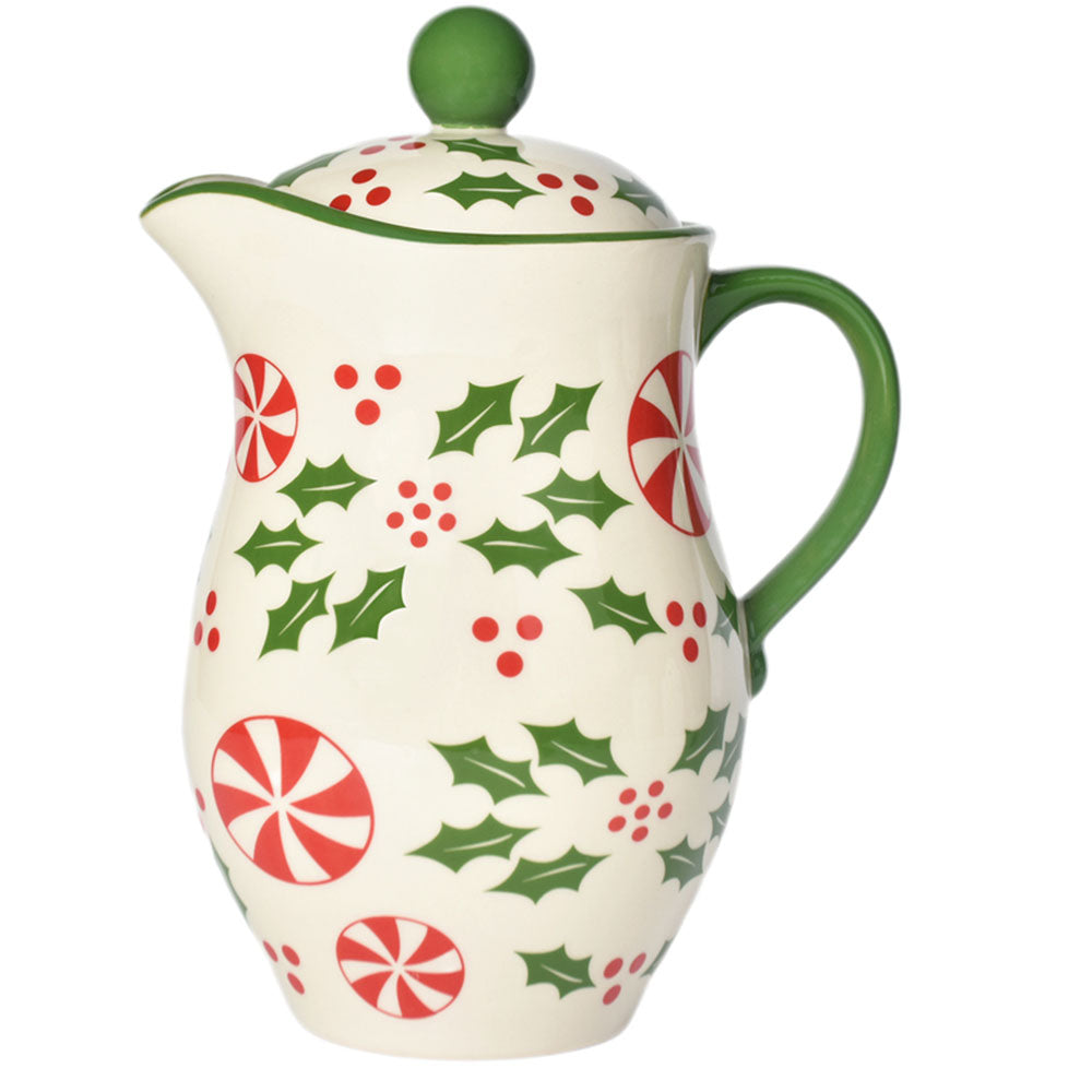 2 qt Ceramic Pitcher with Lid-Holly Peppermint