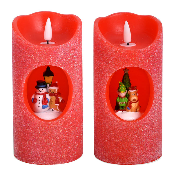 Seasonal Set of 2 Flameless Candles with Scene-Winter Whimsy
