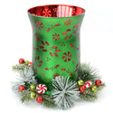 8" Hurricane with Decorative Ring & Fairy Lights-Peppermint & Holly
