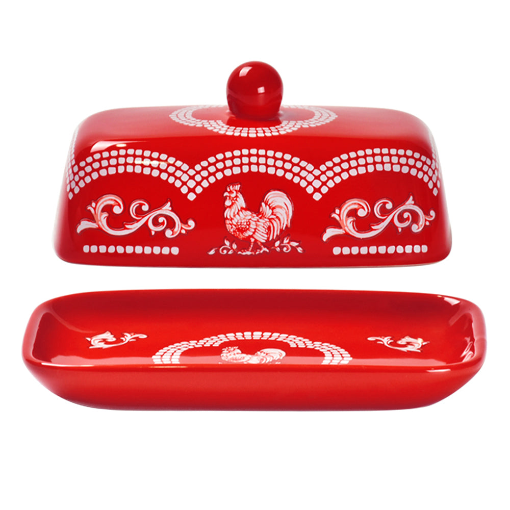 Extra Wide Butter Dish-Doodle Doo Red