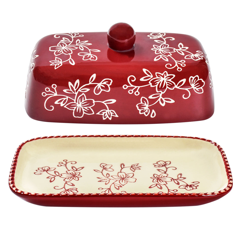 Extra Wide Butter Dish-Floral Lace Cranberry