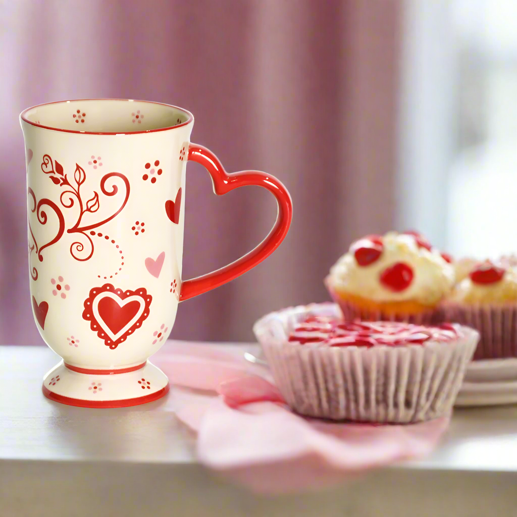 18 oz Romance Mug Heart Handle & Lid-It with sweet baked treats