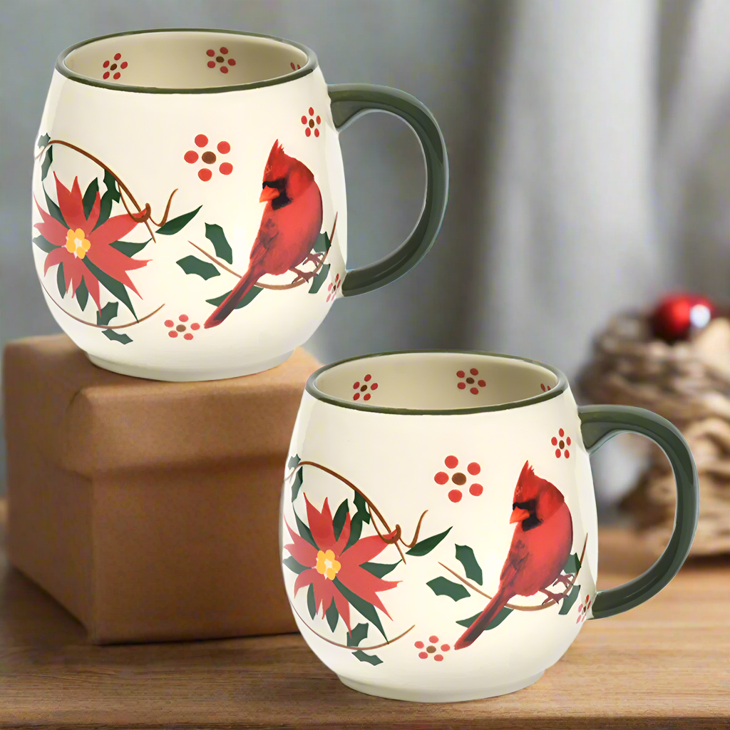 Temptations Set of 2 Seasonal 14 oz Mugs in Poinsettia pattern