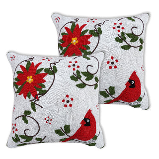 Beaded Pillows, Set of 2- Cardinal Ponsettia