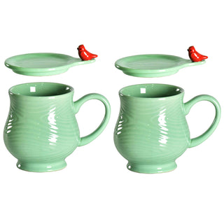 Woodland Cardinal Mugs with Lids, Set of 2-Mint Green