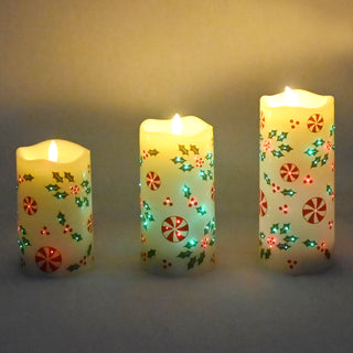 Fiberoptic Flameless Candles, Set of 3-Holly Peppermint