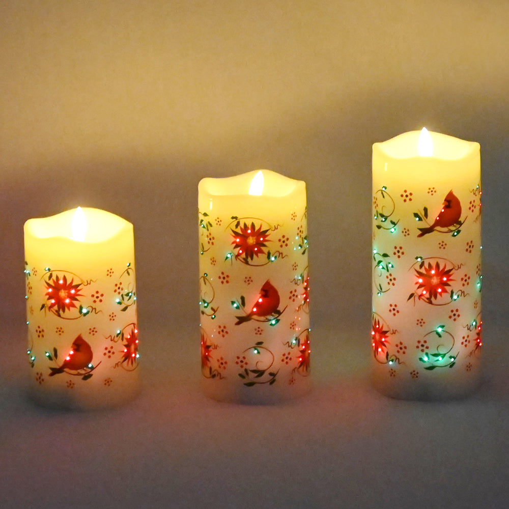 Fiberoptic Flameless Candles, Set of 3-Poinsettia