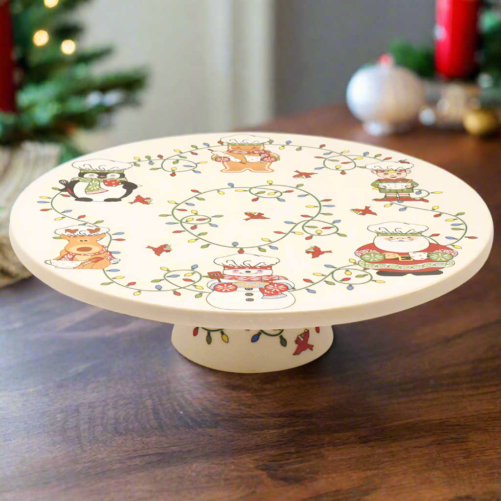 Winter Whimsy 10" Holiday Cake Stand on dining table