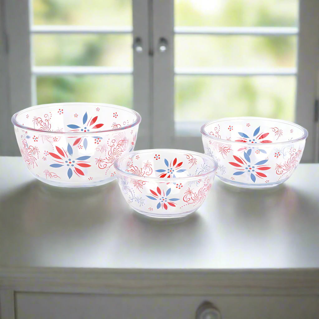 Temp-tations Set of 3 Glass Mixing Bowls in the Patriotic pattern by a sunny window