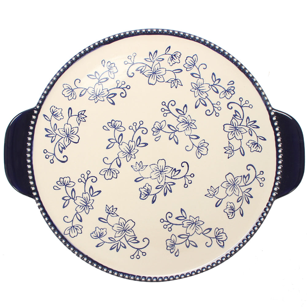 14" Round Pizza Stone-Floral Lace Blue