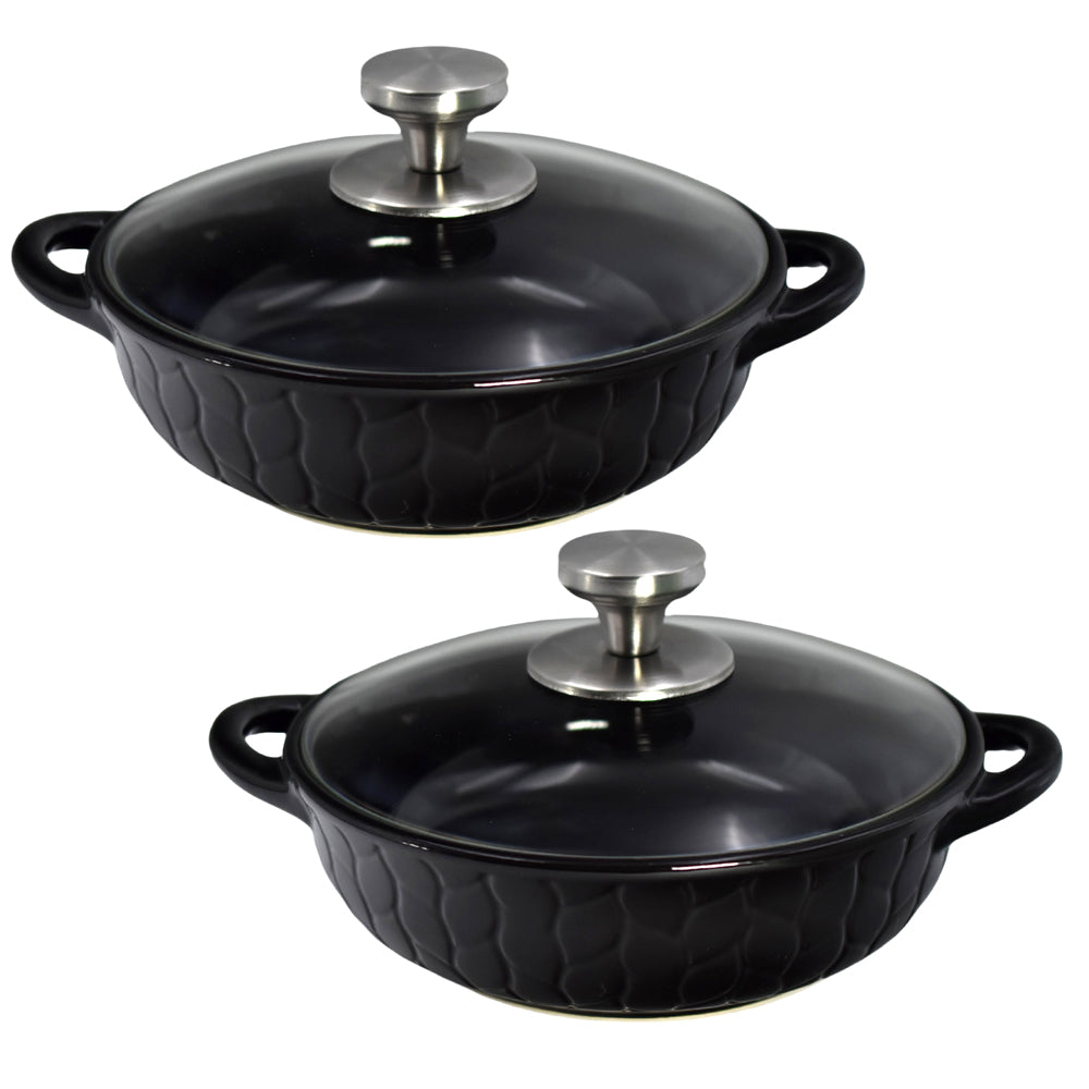 1qt Bakers with Glass Lids, Set of 2-Carved Willow Black