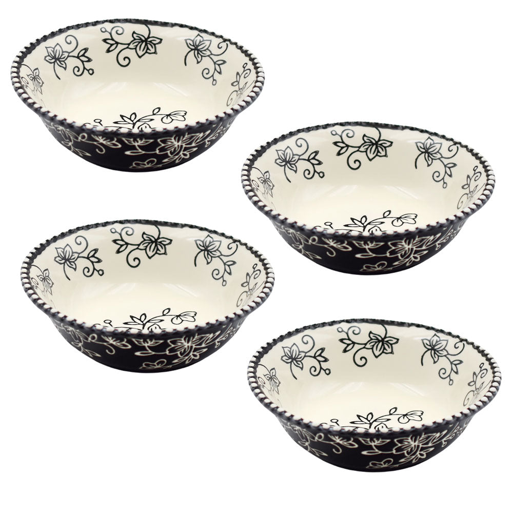 8oz Round Shallow Bowls, Set of 4-Floral Lace Black