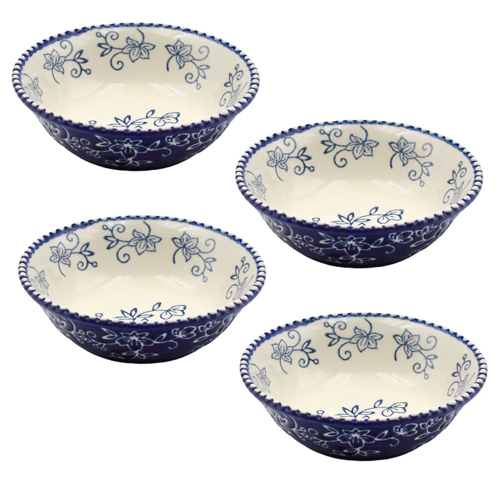 8oz Round Shallow Bowls, Set of 4-Floral Lace Blue