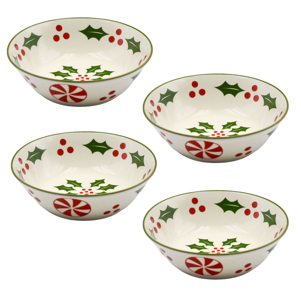 8oz Round Shallow Bowls, Set of 4-Holly Peppermint