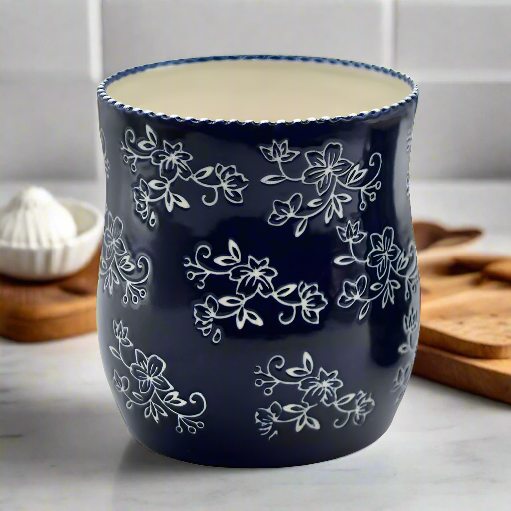 Temp-tations Blue Floral Lace 2qt Utensil Crock on kitchen counter with cooking tools