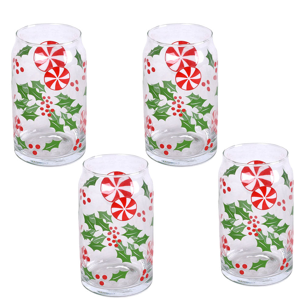 16oz Can-Style Drinking Glasses, Set of 4-Holly Peppermint