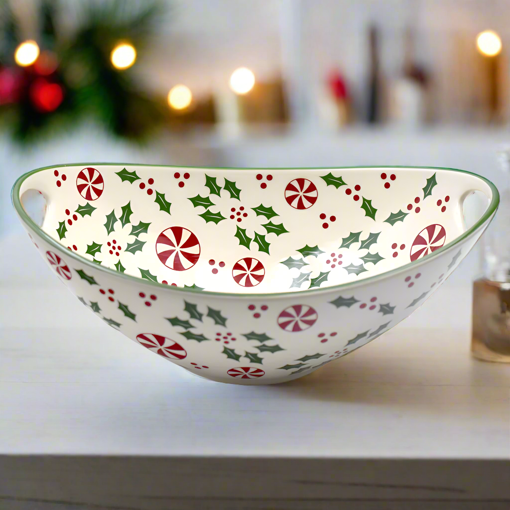 Holly Peppermint 3 qt Serving Bowl on a holiday table